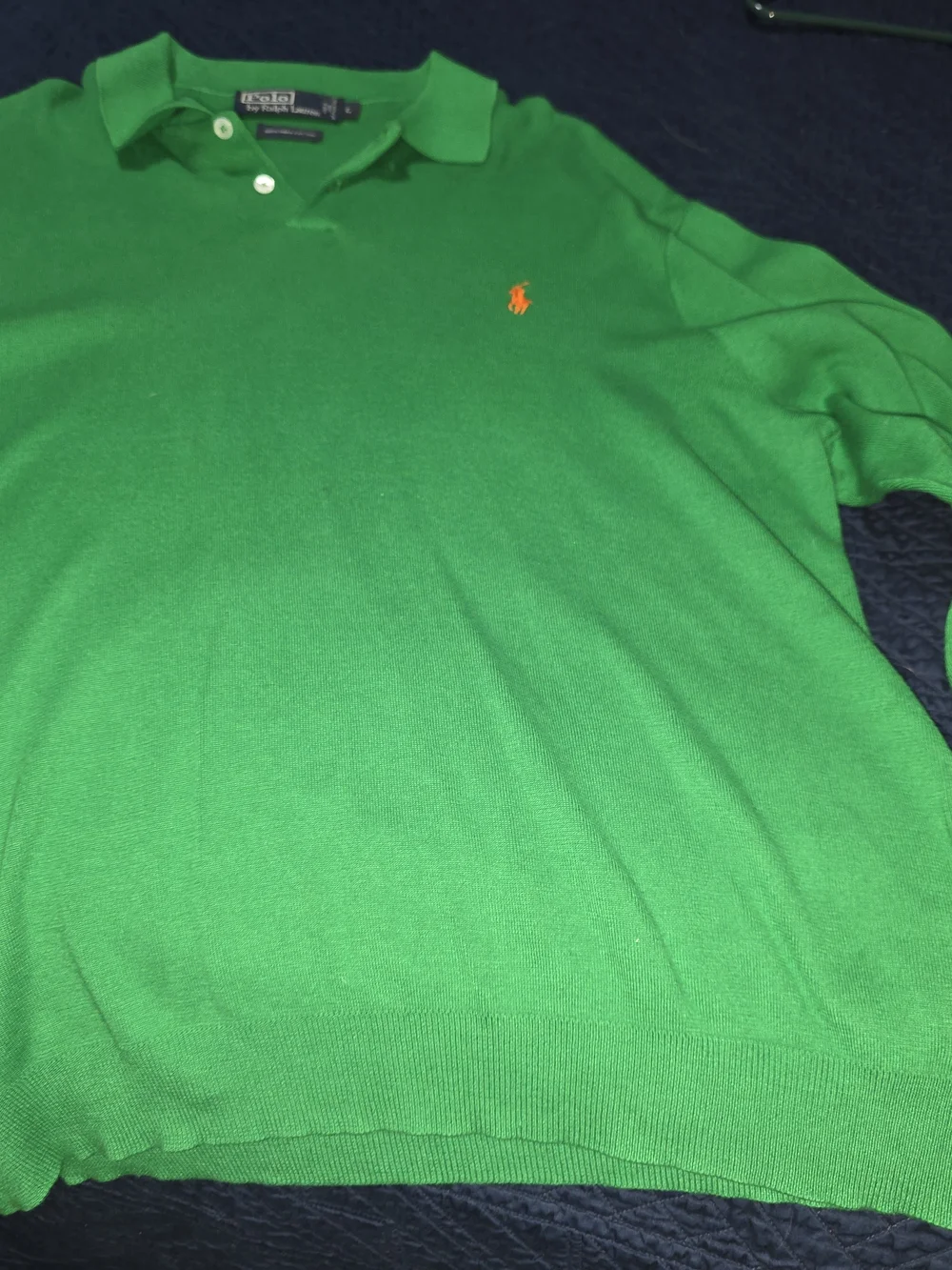 LARGE VINTAGE Ralph Lauren Bright Green Polo Sweater Orange Pony PIMA COTTON